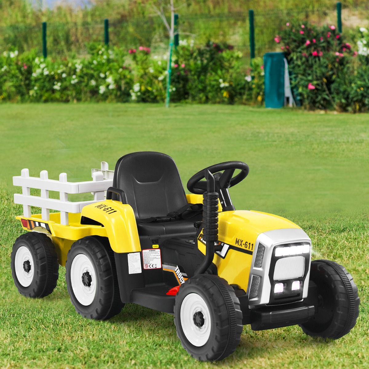 Tracteur Electrique avec Remorque pour Enfants 3 Vitesses Lumières LED Fonctions Audio USB et Bluetooth Jaune/Rose/Rouge/Vert/Vert Foncé/Noir