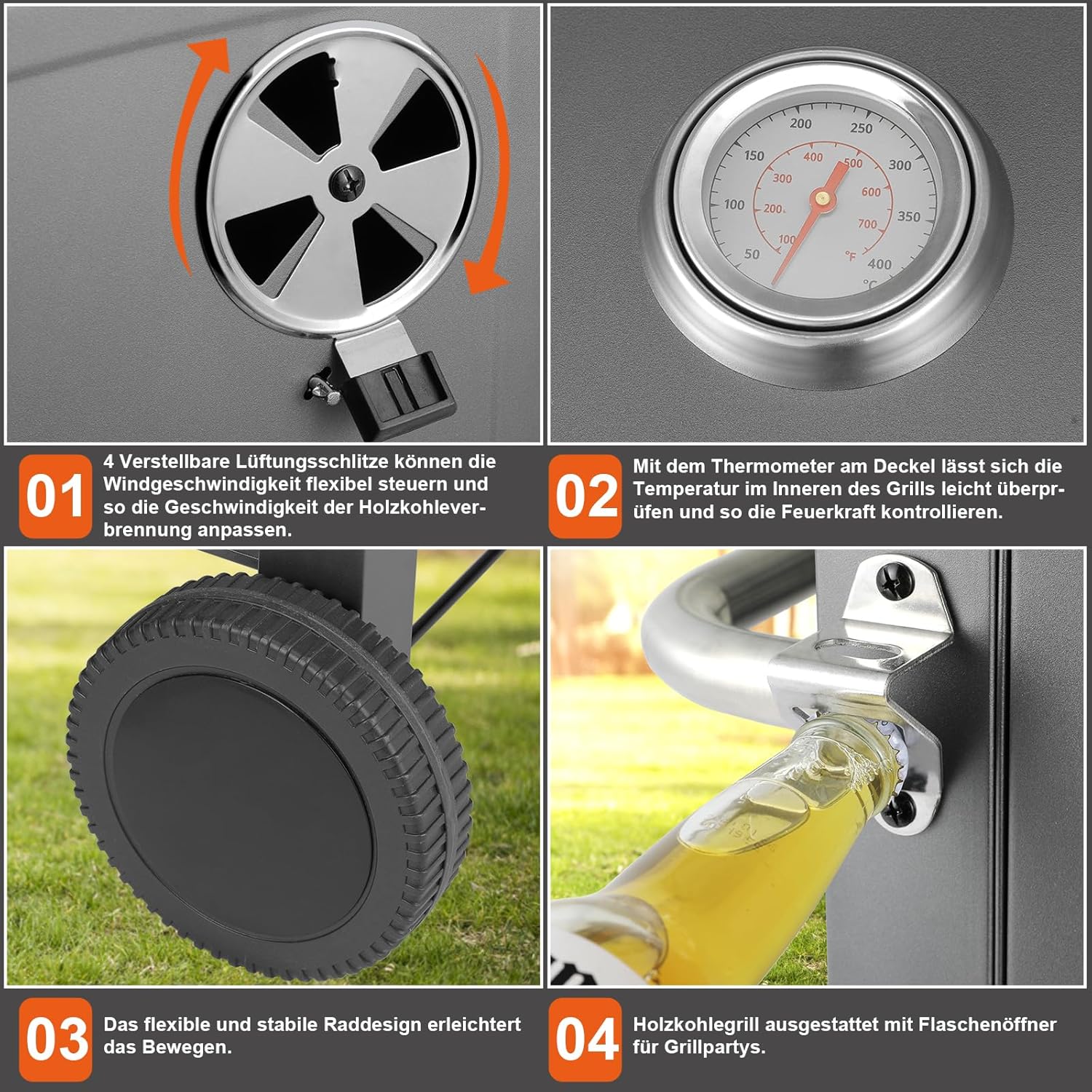 Barbecue Charbon de Bois XL, Chariot à Barbecue, Grill XL à Charbon avec Couvercle, Roues et Thermomètre, Réglable en Hauteur, Grand Barbecue au Charbon de Bois, pour Camping et Jardin, Noir