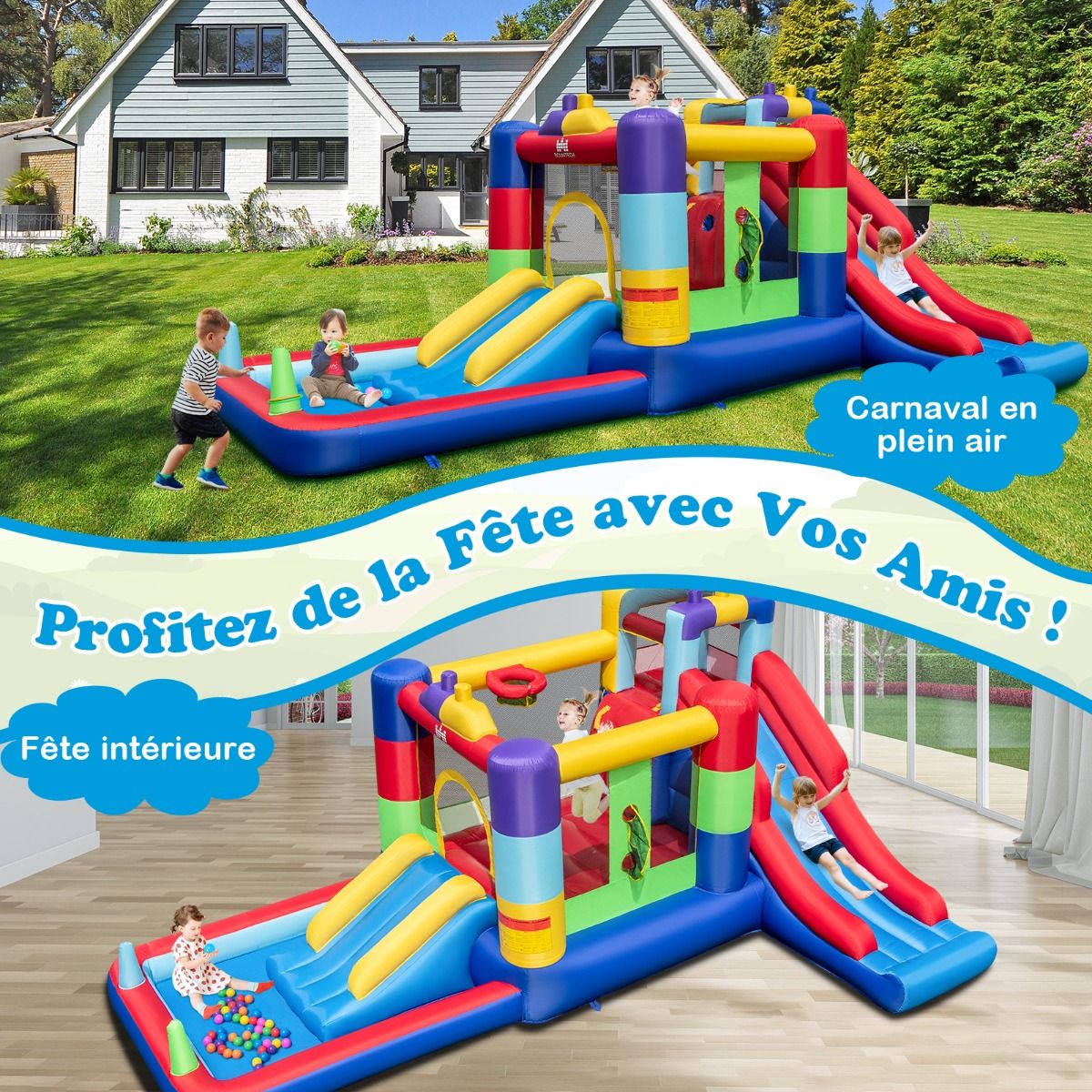 Château Gonflable Maison Rebondissante Gonflable avec Souffleur de 680W Toboggan et Zone de Saut Maison de Jeu Gonflable pour 3 - 10 Ans