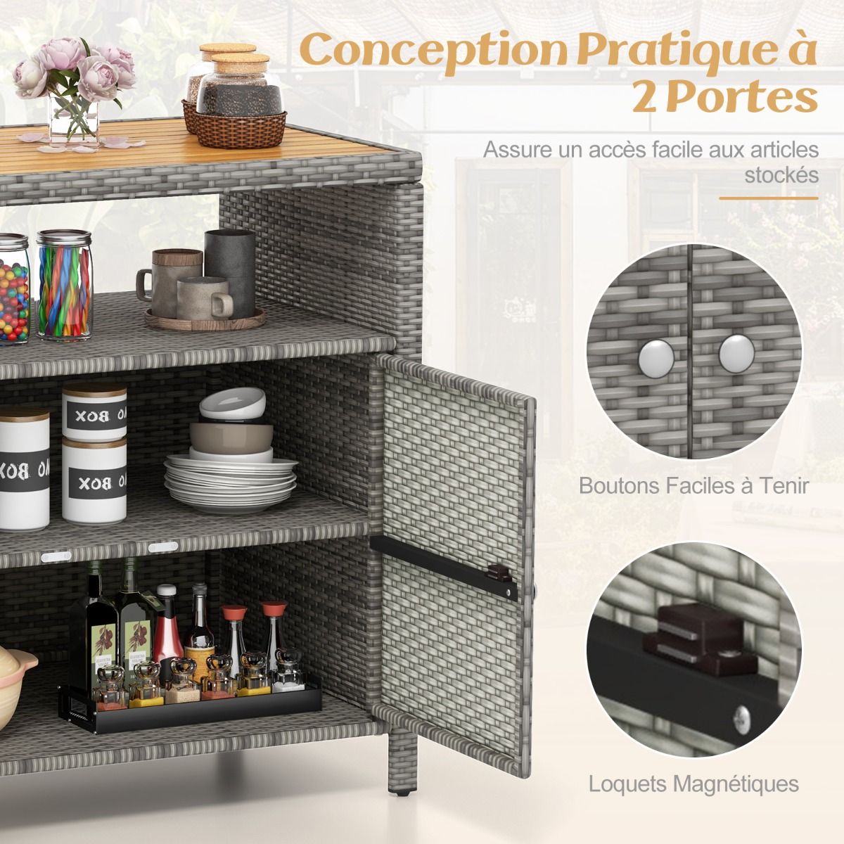 Armoire de Rangement Exterieur en Rotin Armoire de Jardin avec Plateau en Bois d'Acacia Compartiment Ouvert Buffet à 2 Portes