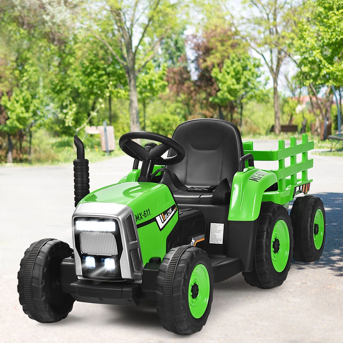 Tracteur Electrique avec Remorque pour Enfants 3 Vitesses Lumières LED Fonctions Audio USB et Bluetooth Jaune/Rose/Rouge/Vert/Vert Foncé/Noir