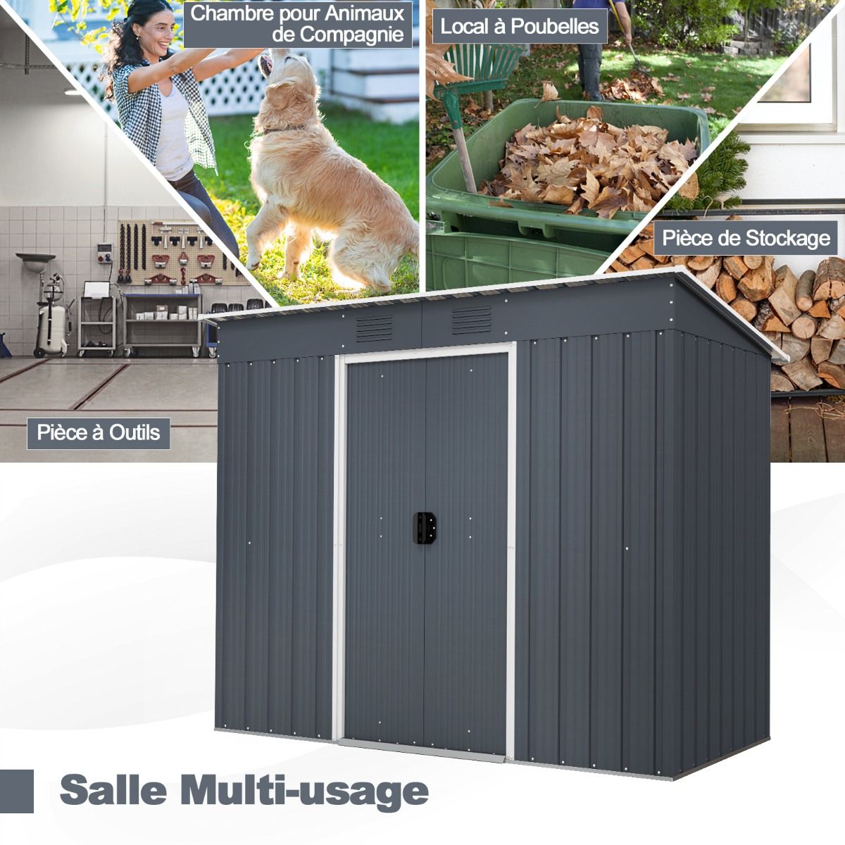 Abri de Jardin Métal 2,4 ㎡ Toit Monopente Cabane de Jardin 2 Portes Coulissantes Verrouillables Fondation 2 Trous d'Aération Gris