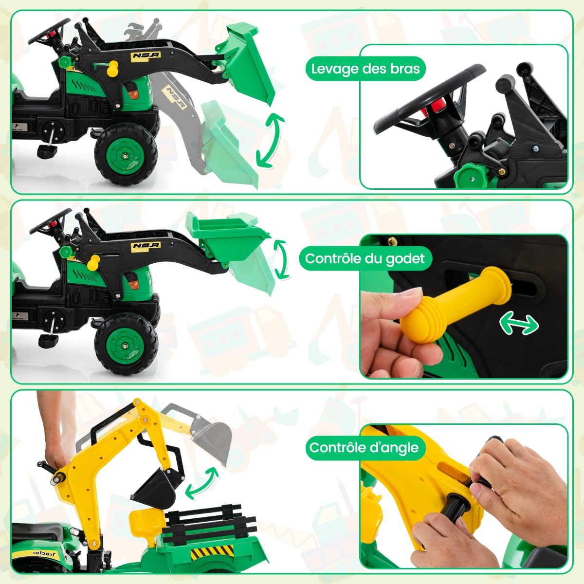 3 en 1 Tracteur pour Enfant avec 6 Roues Jouet Pelle Remorque Amovible avec Volant Klaxon 3 à 6 Ans Jaune/Vert