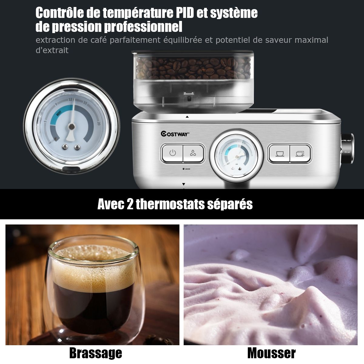 Machine à Café Automatique avec Broyeur à Grains 1350W 30 Niveaux de Poudre de Café Réglables Température Réglable