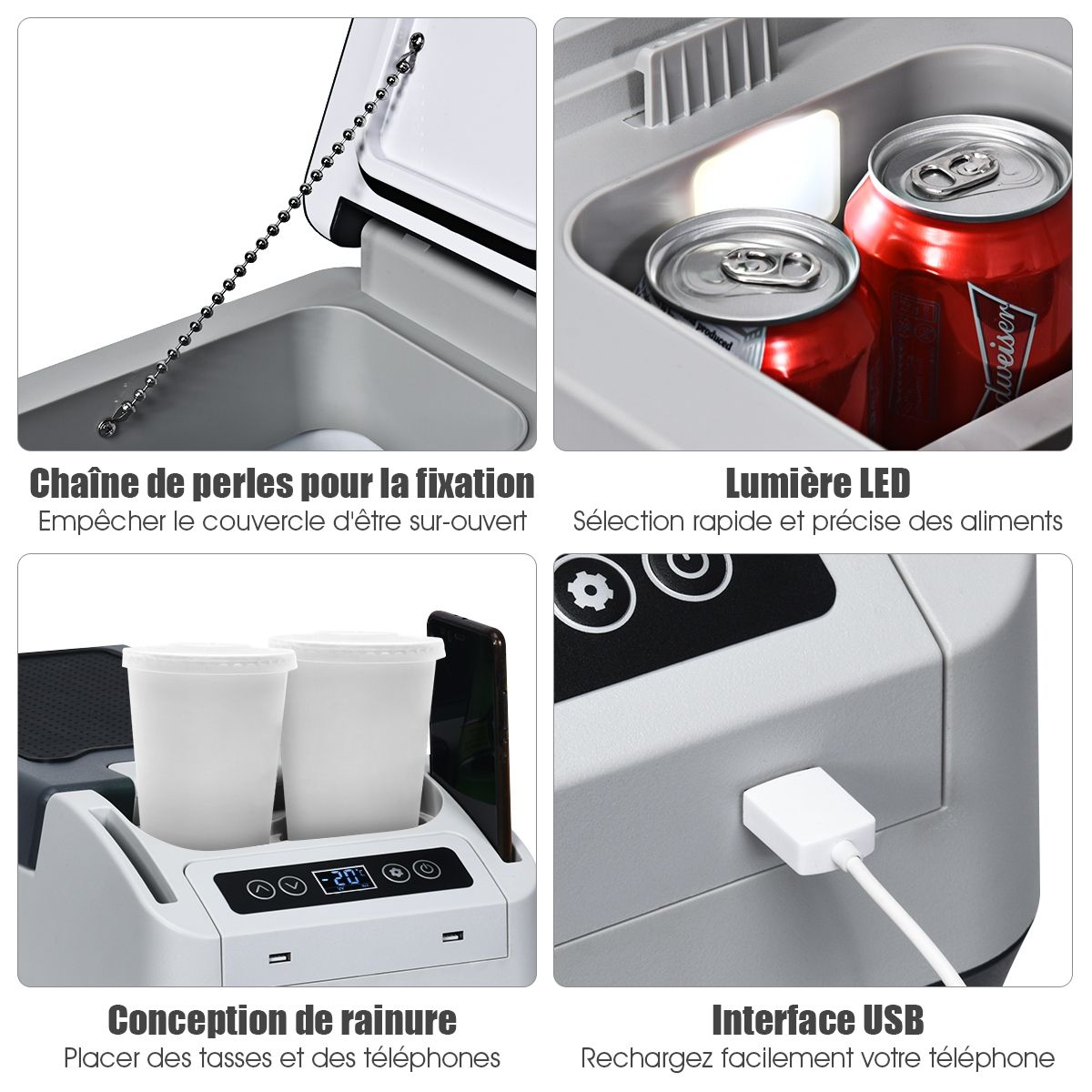 Réfrigérateur Congélateur de Voiture 12L Portable Compresseur -20°C à +10°C Ampoules LED  2 Porte-gobelets 23x53x36cm