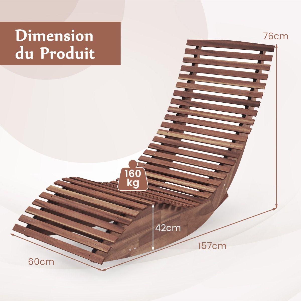 Lot de 2 Chaises Longue à Bascule en Bois d'Acacia Conception à Lattes Butées de Fond Charge Max 160KG Transat Ergonomique Naturel