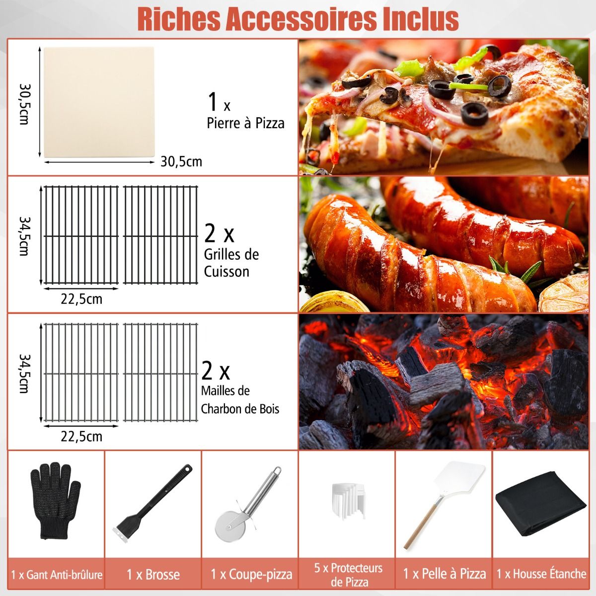 Four à Pizza Extérieur au Charbon avec Pelle à Pizza Pierre à Pizza Housse Étanche Cheminée et Thermomètre Double Noir