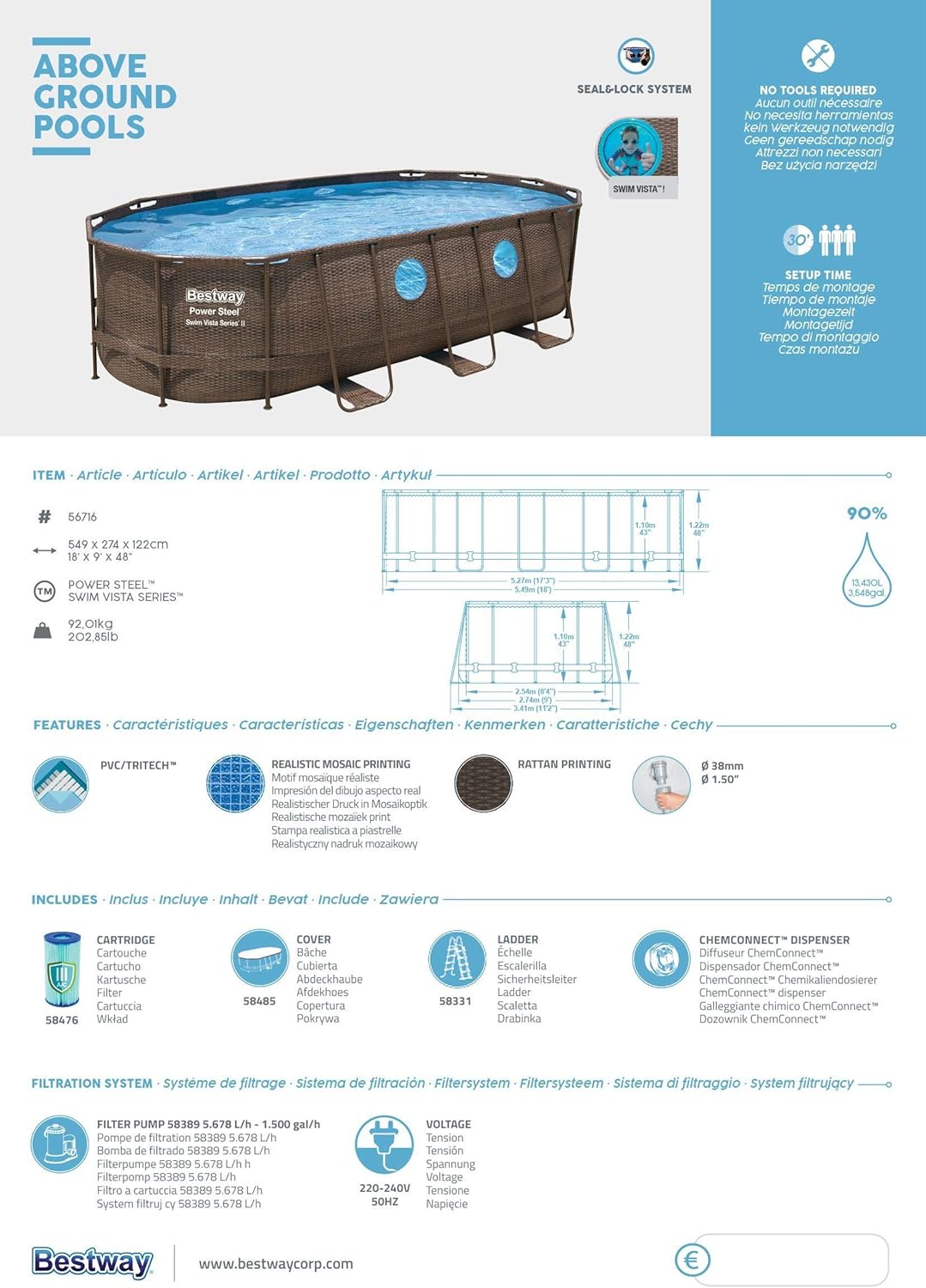 Bestway 56946 Piscine Power Steel™ Swim Vista ovale 488 x 305 x 107 cm motif rotin avec hublots, filtration à sable, échelle, bâche et diffuseur Chemconnect™