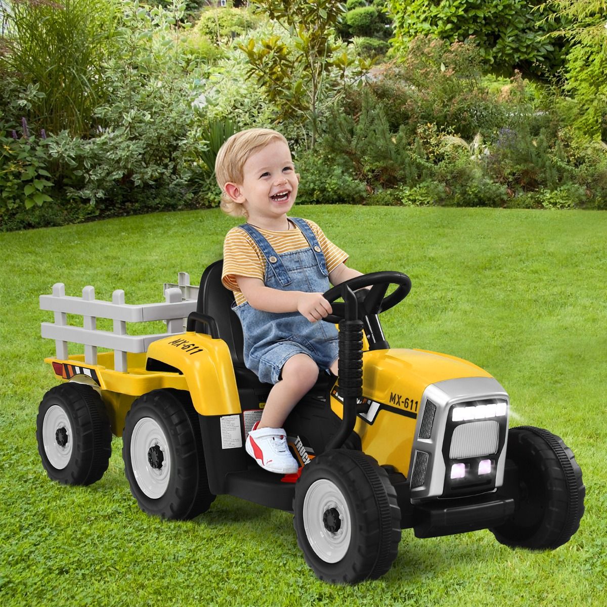 Tracteur Electrique avec Remorque pour Enfants 3 Vitesses Lumières LED Fonctions Audio USB et Bluetooth Jaune/Rose/Rouge/Vert/Vert Foncé/Noir