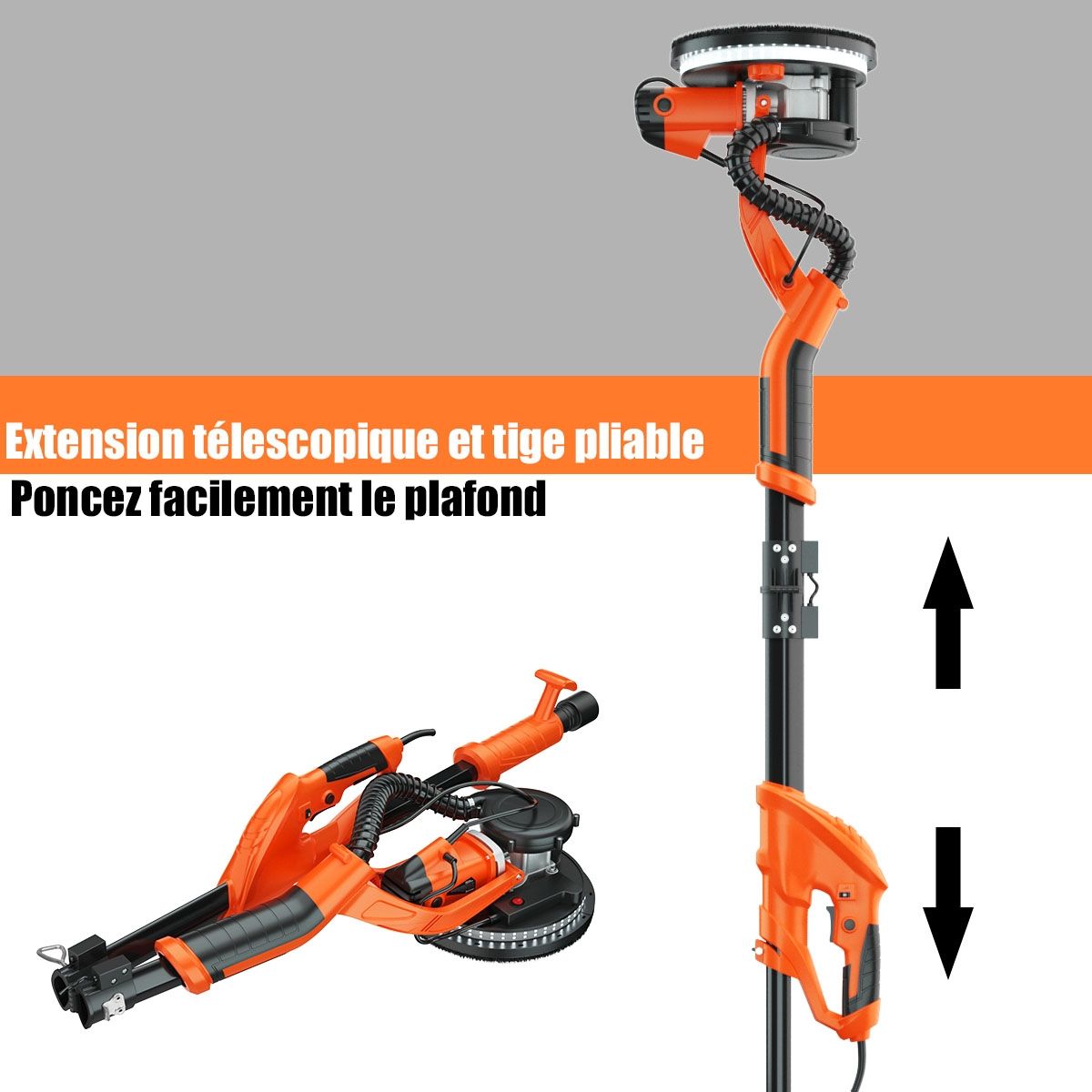 Ponceuse à Plâtre Murale 750W Ø 225mm Aluminium 6 Vitesses Variables Lumières LED Manche Télescopique 12 Disques Abrasifs