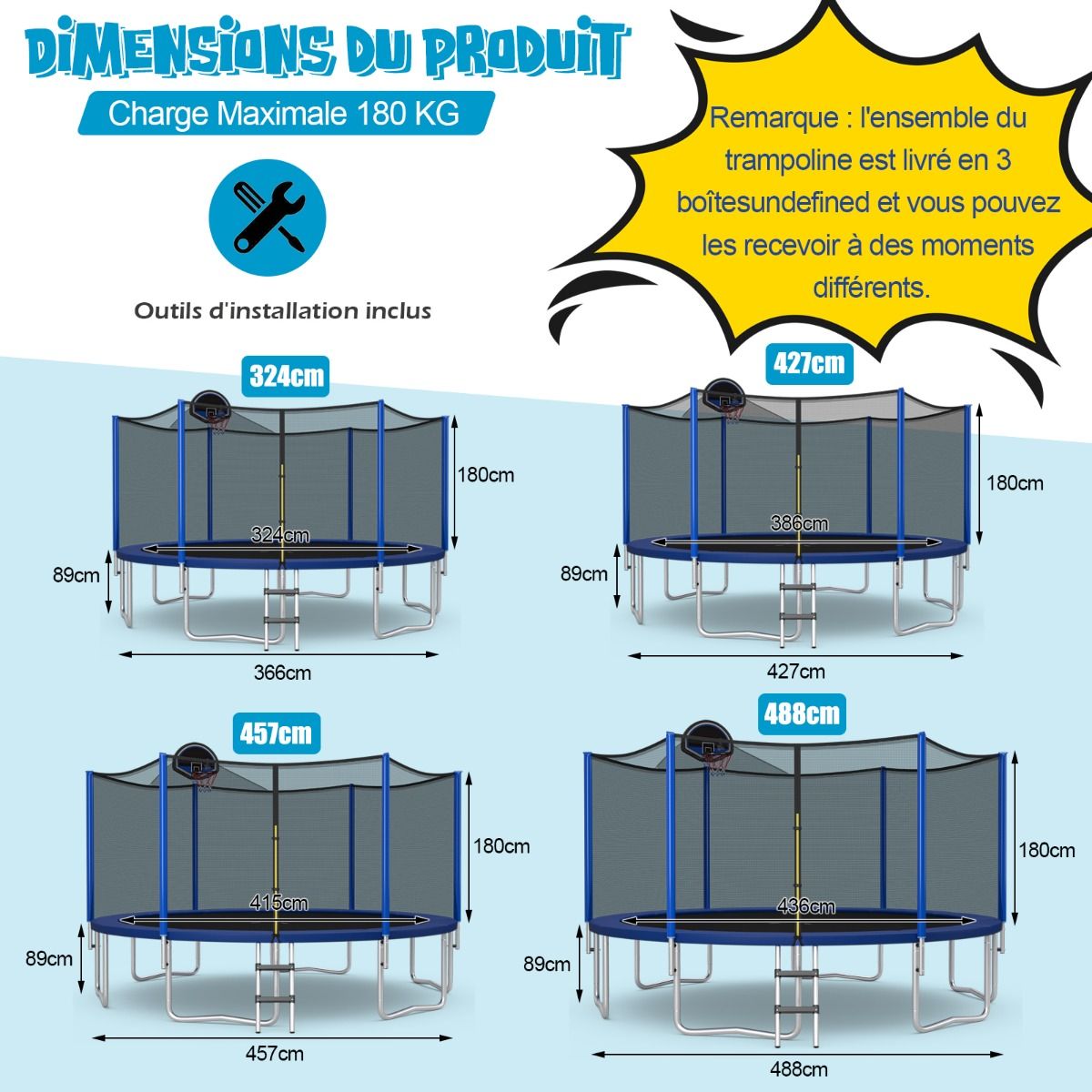 Trampoline d'Extérieur Ø366 cm Trampoline avec Panier de Basket Filet de Protection Trampoline pour Enfants et Adultes