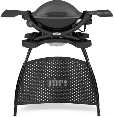 Weber Q1400 Barbecue électrique avec support, surface de cuisson 43 x 32 cm, nomade, grille en fonte émaillée divisée en 2 parties, couvercle et cuve en fonte d'aluminium - Gris foncé (52020853)