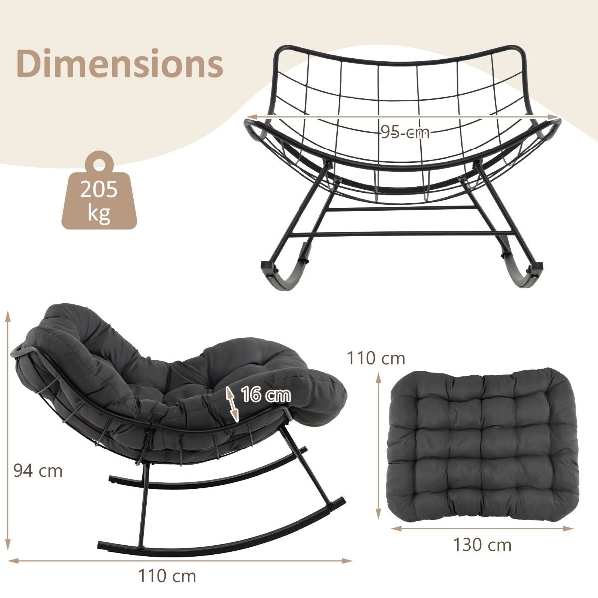 Chaise à Bascule d'Intérieur et d'Extérieur Chaise Papasan Surdimensionnée avec Coussin Rembourré & Cadre en Métal Capacité 205 Kg Gris