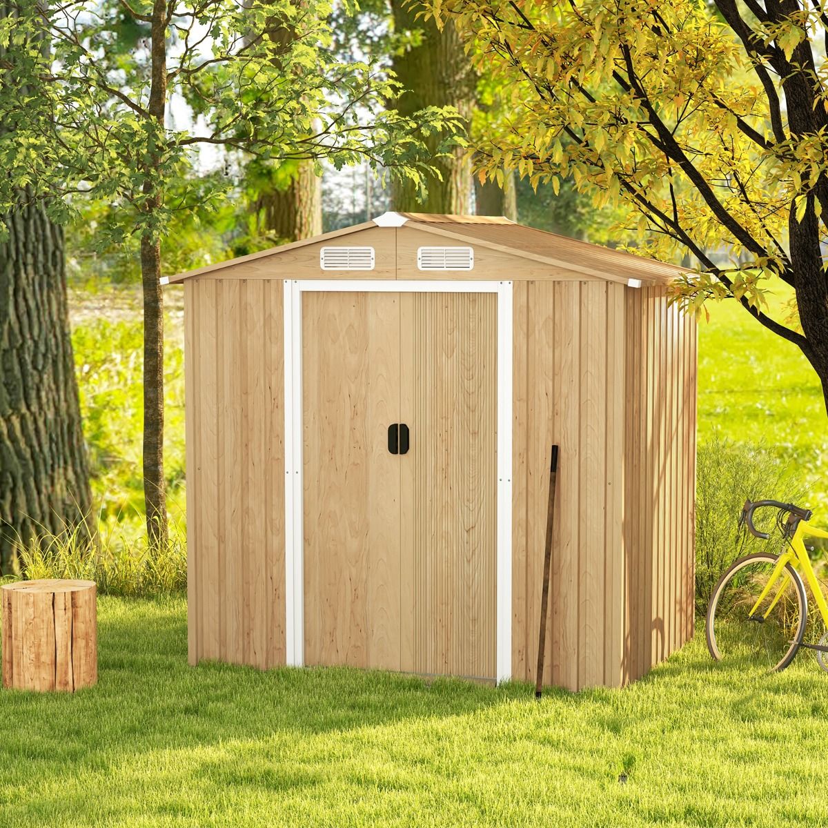 Abri de Jardin 2.3㎡ en Acier Galvanisé Anti-UV 196x142x186cm Cabane de Jardin Exterieur 3.7m³ avec Porte Coulissante Rampe Naturel