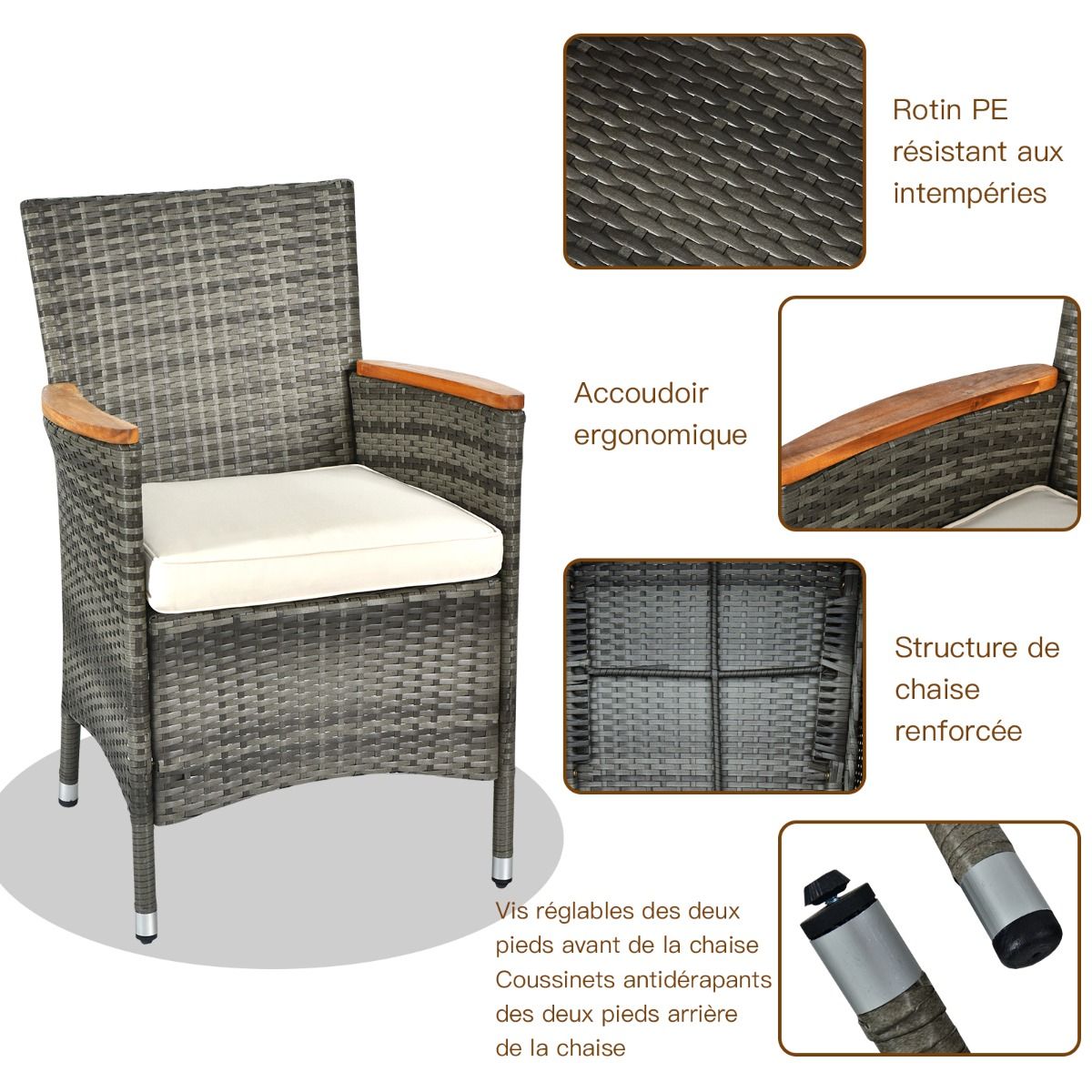 Salon de Jardin avec 1 Table et 8 Chaises en Bois et Rotin Synthétique Anti-UV Pieds Réglables et Coussins Imperméables Inclus