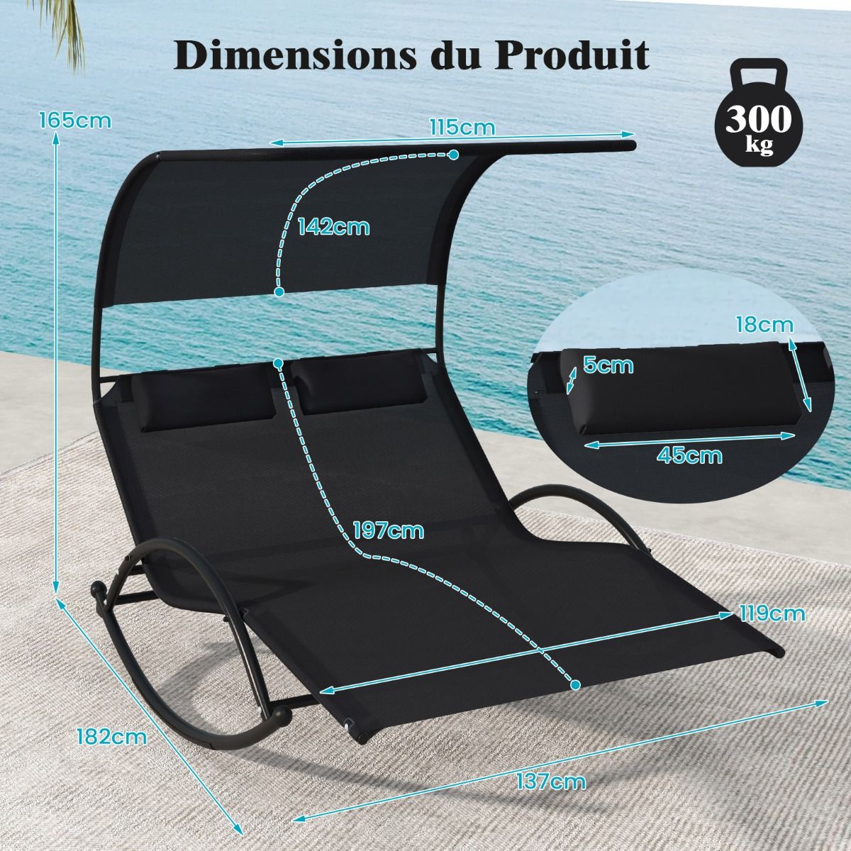 Chaise Longue Double Chaise à Bascule pour 2 Personnes 2 Appui-Têtes Amovibles Cadre en Métal Robuste Lit de Repos Ergonomique 2 Places Gris/Noir/Beige