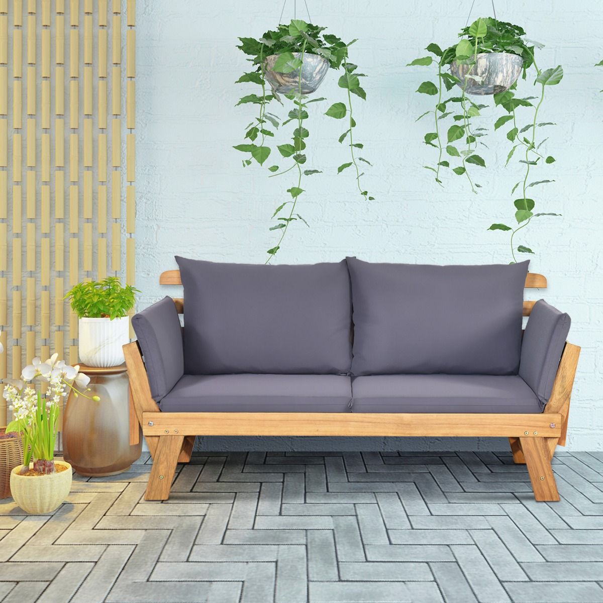 Chaise Longue Convertible avec Coussin Canapé de Jardin 2 en 1 en Bois d’Acacia avec Accoudoir Réglable pour Patio Piscine Jardin Blanc/Gris/Bleu/Rouge