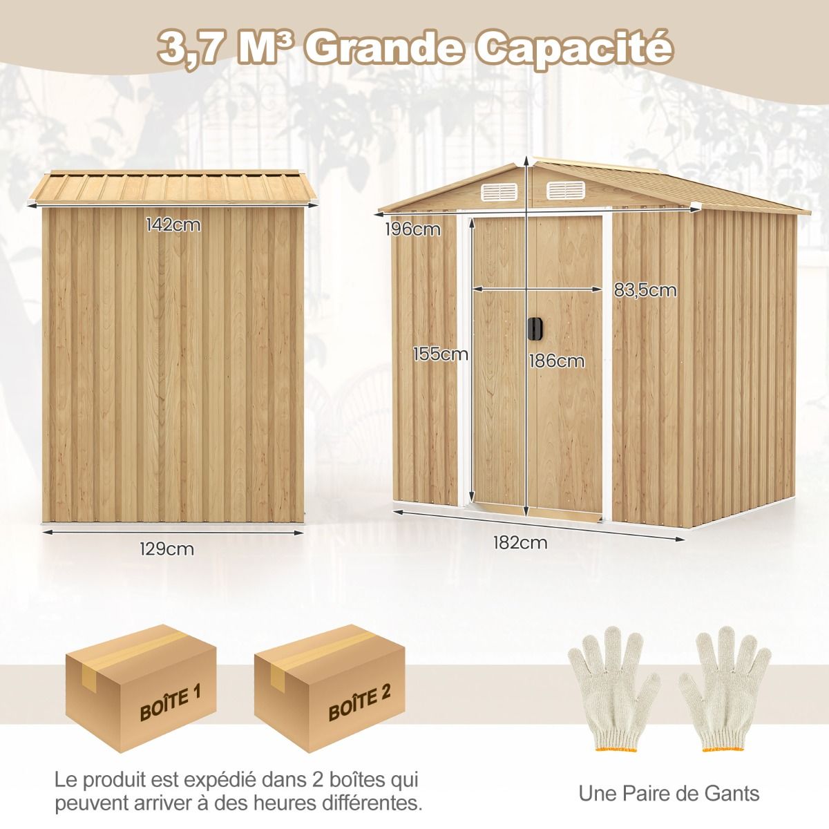 Abri de Jardin 2.3㎡ en Acier Galvanisé Anti-UV 196x142x186cm Cabane de Jardin Exterieur 3.7m³ avec Porte Coulissante Rampe Naturel