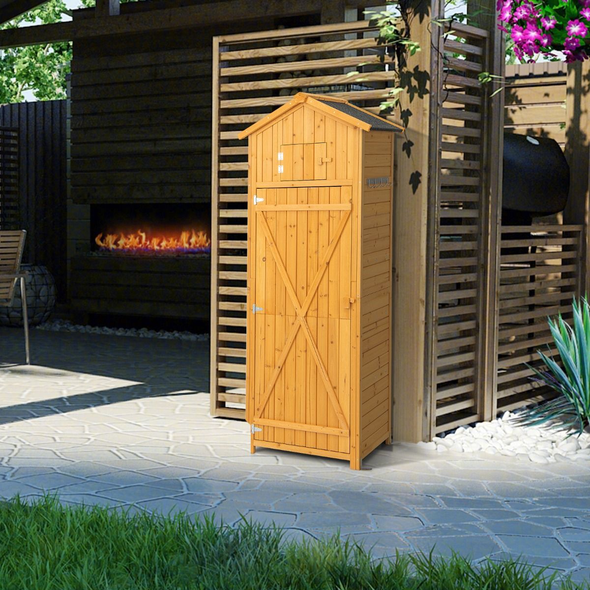 Armoire de Jardin en Bois Imperméable avec Toit Abri de Jardin avec Table Pliable Étagères et 8 Crochets 75x50x180,5CM