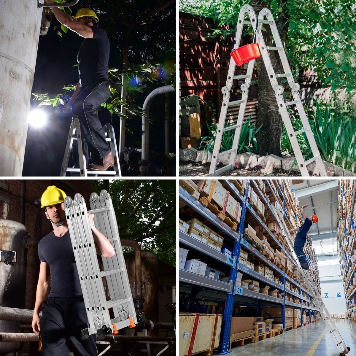 Échelle Polyvalente 5 en 1 avec 2 Montants 4 Plis 15 Echelons Pliable et Multifonction Capacité 150kg en Aluminium