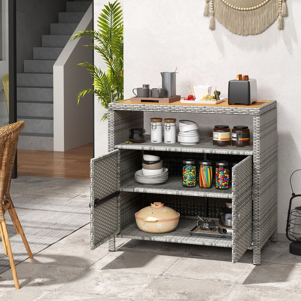 Armoire de Rangement Exterieur en Rotin Armoire de Jardin avec Plateau en Bois d'Acacia Compartiment Ouvert Buffet à 2 Portes