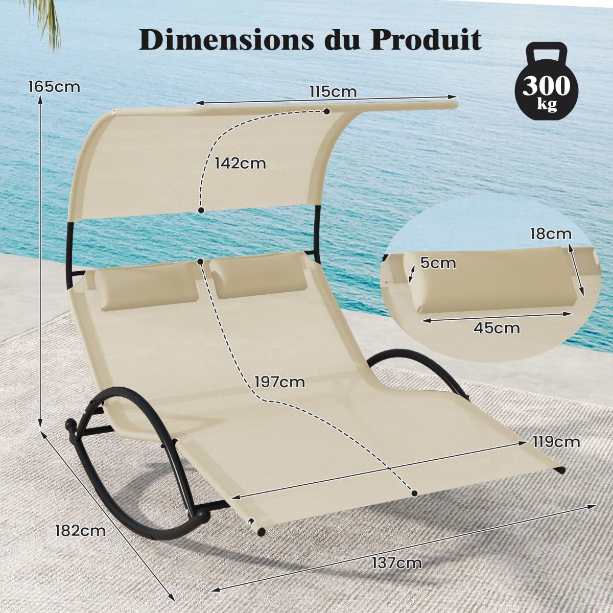 Chaise Longue Double Chaise à Bascule pour 2 Personnes 2 Appui-Têtes Amovibles Cadre en Métal Robuste Lit de Repos Ergonomique 2 Places Gris/Noir/Beige