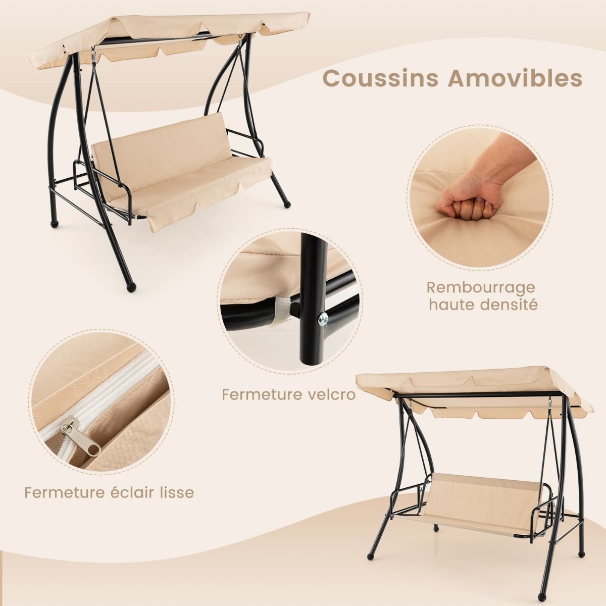 Balancelle d'Extérieur Convertible 2 Places avec Lit Plat Hamac de Terrasse avec Auvent Réglable et Coussin Amovible Pour Jardin