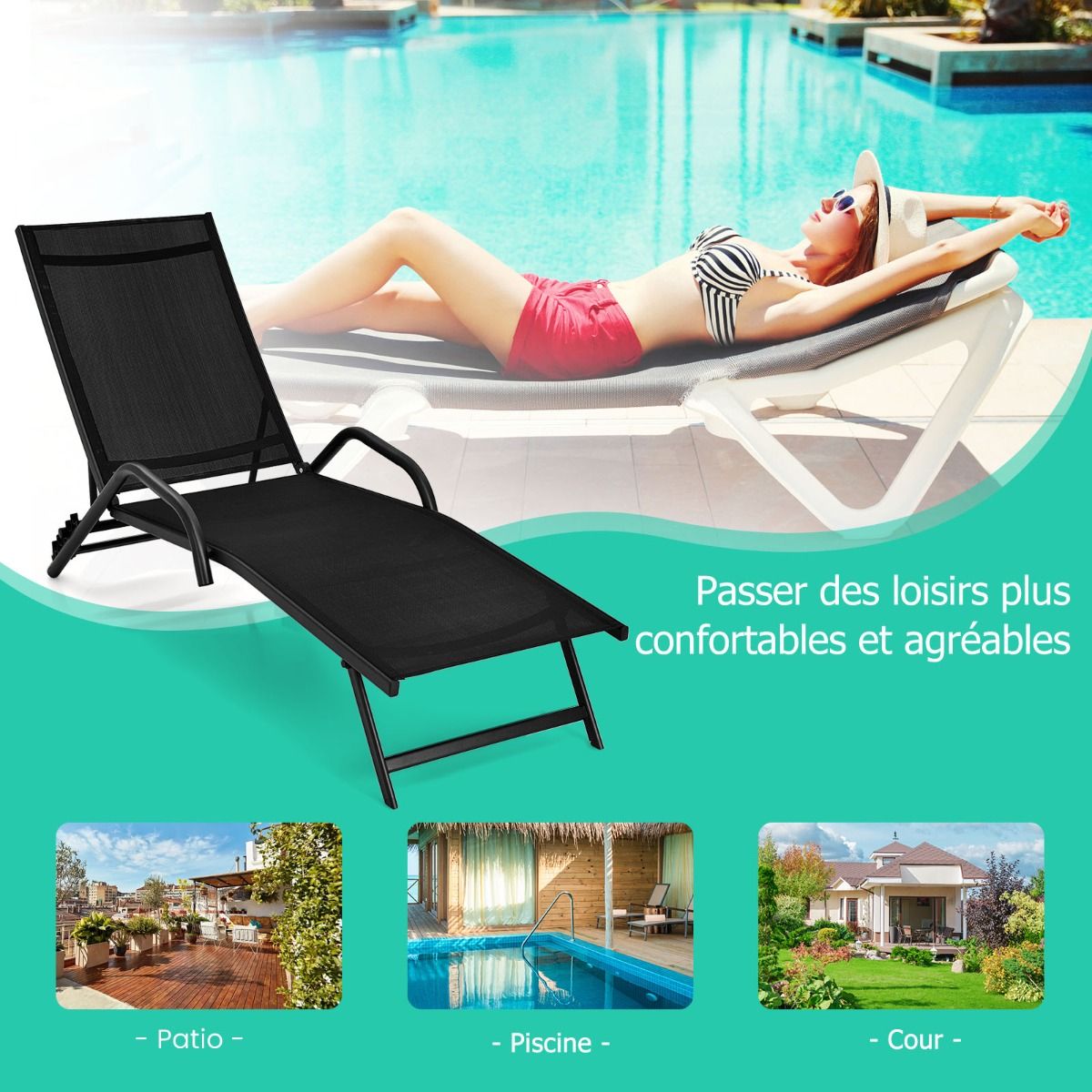 Lot de 2 Bains de Soleil Inclinables d'Extérieur avec Accoudoirs et Dossier Réglable à 5 Positions Charge 160 kg Noir