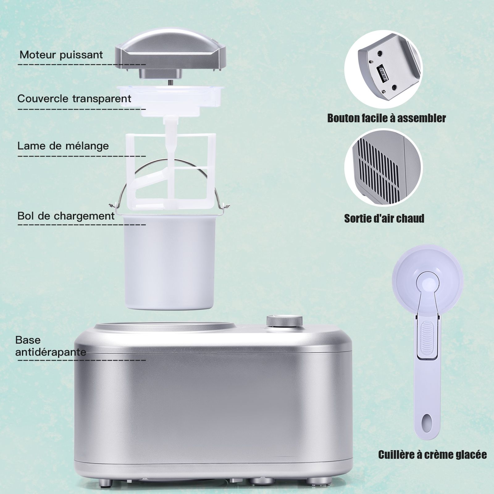 Sorbetière Turbine à Glace 1L Puissance 100W à Compresseur avec Cuillère 3 Modes de Fonctionnement Argent