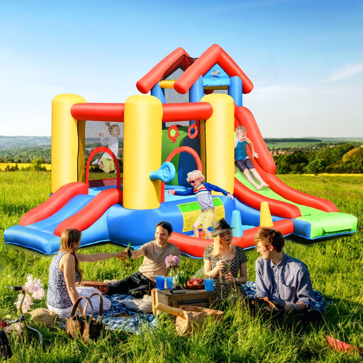 Château Gonflable 7 en 1 pour Enfant 3-10 Ans Toboggans Capacité 135kg en Tissu Oxford 356x289x233cm Multicolore