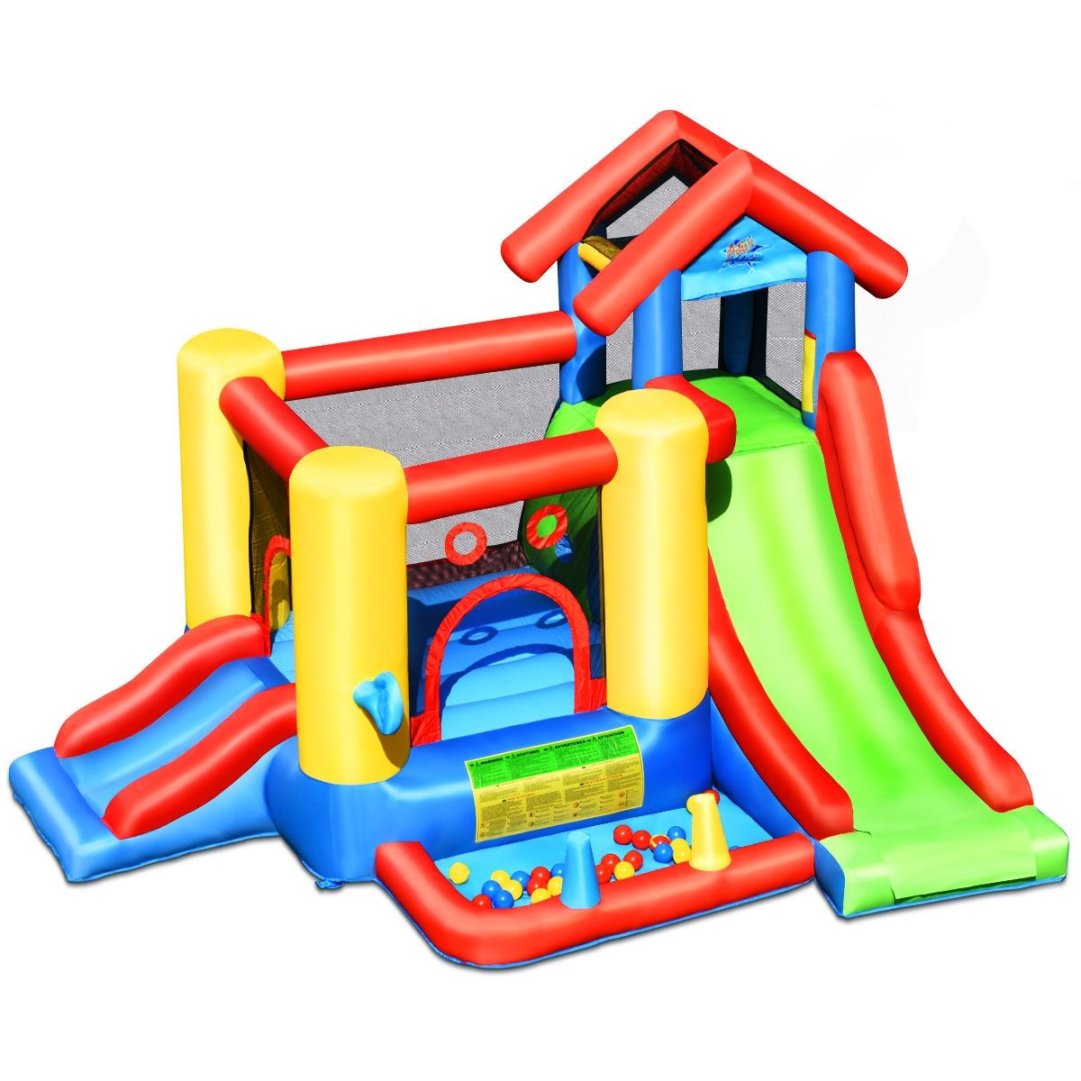 Château Gonflable 7 en 1 pour Enfant 3-10 Ans Toboggans Capacité 135kg en Tissu Oxford 356x289x233cm Multicolore