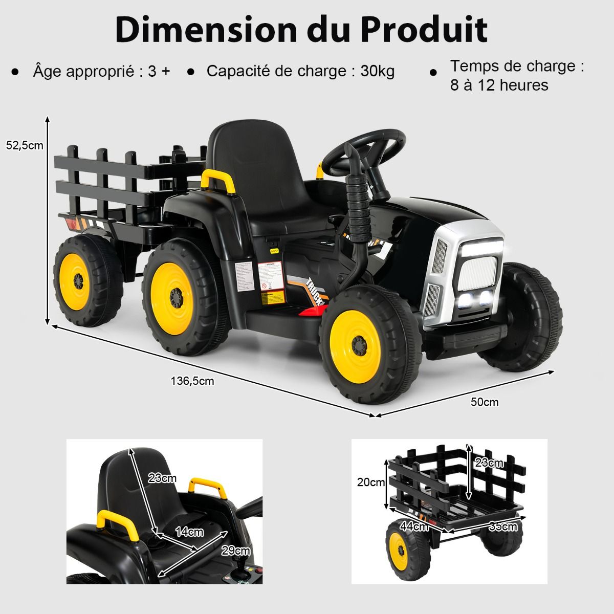 Tracteur Electrique avec Remorque pour Enfants 3 Vitesses Lumières LED Fonctions Audio USB et Bluetooth Jaune/Rose/Rouge/Vert/Vert Foncé/Noir