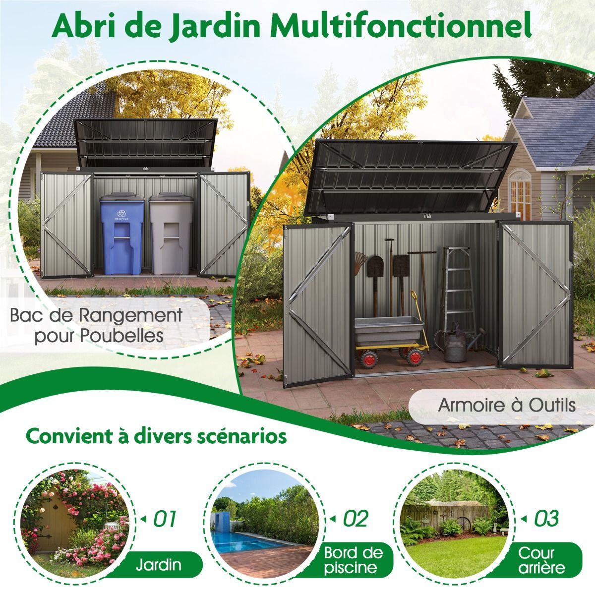 Abri de Stockage en Métal Galvanisé pour Poubelles Extérieur Abri de Jardin Verrouillable avec Toit Ouvert 2 Portes 172X95,5X130CM Gris