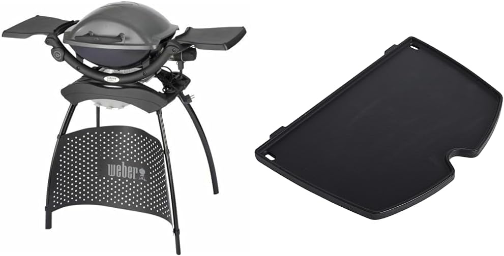 Weber Q1400 Barbecue électrique avec support, surface de cuisson 43 x 32 cm, nomade, grille en fonte émaillée divisée en 2 parties, couvercle et cuve en fonte d'aluminium - Gris foncé (52020853)