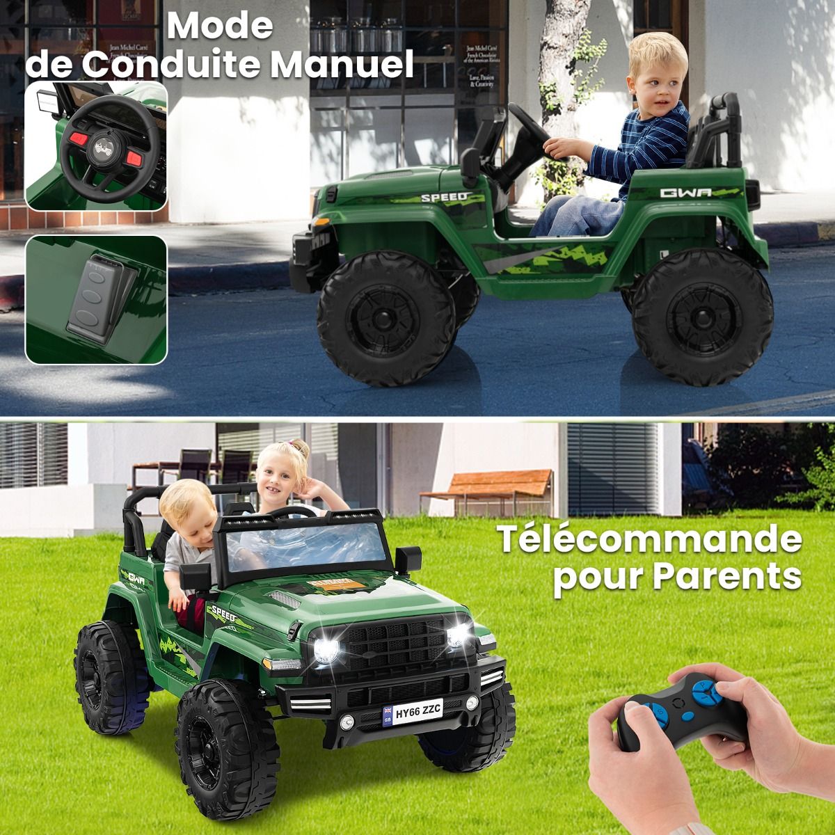 24V Voiture Électrique 2 Places Enfants avec Télécommande 2,4G Musique LED Démarrage Lent 2 Vitesses Charge 35kg pour 3-8 Ans+ Rouge/Rose/Vert