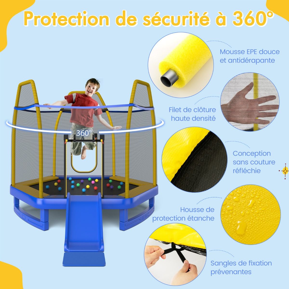 Trampoline Extérieur Ø 223cm avec Toboggan&Echelle avec Filet de Sécurité 2 Portes en U Charge 270kg pour 2-3 Enfants de 3 Ans+ Bleu/Vert