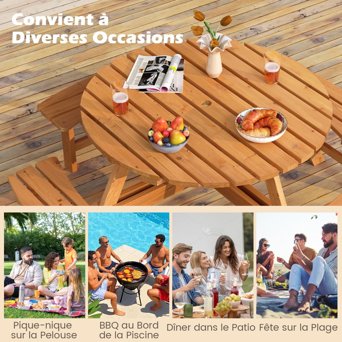 Ensemble Table de Pique-Nique en Bois pour 2 à 8 Personnes Set Table et Banc Circulaire avec 4 Bancs Intégrés Trou de Parasol de 5cm Marron/Jaune