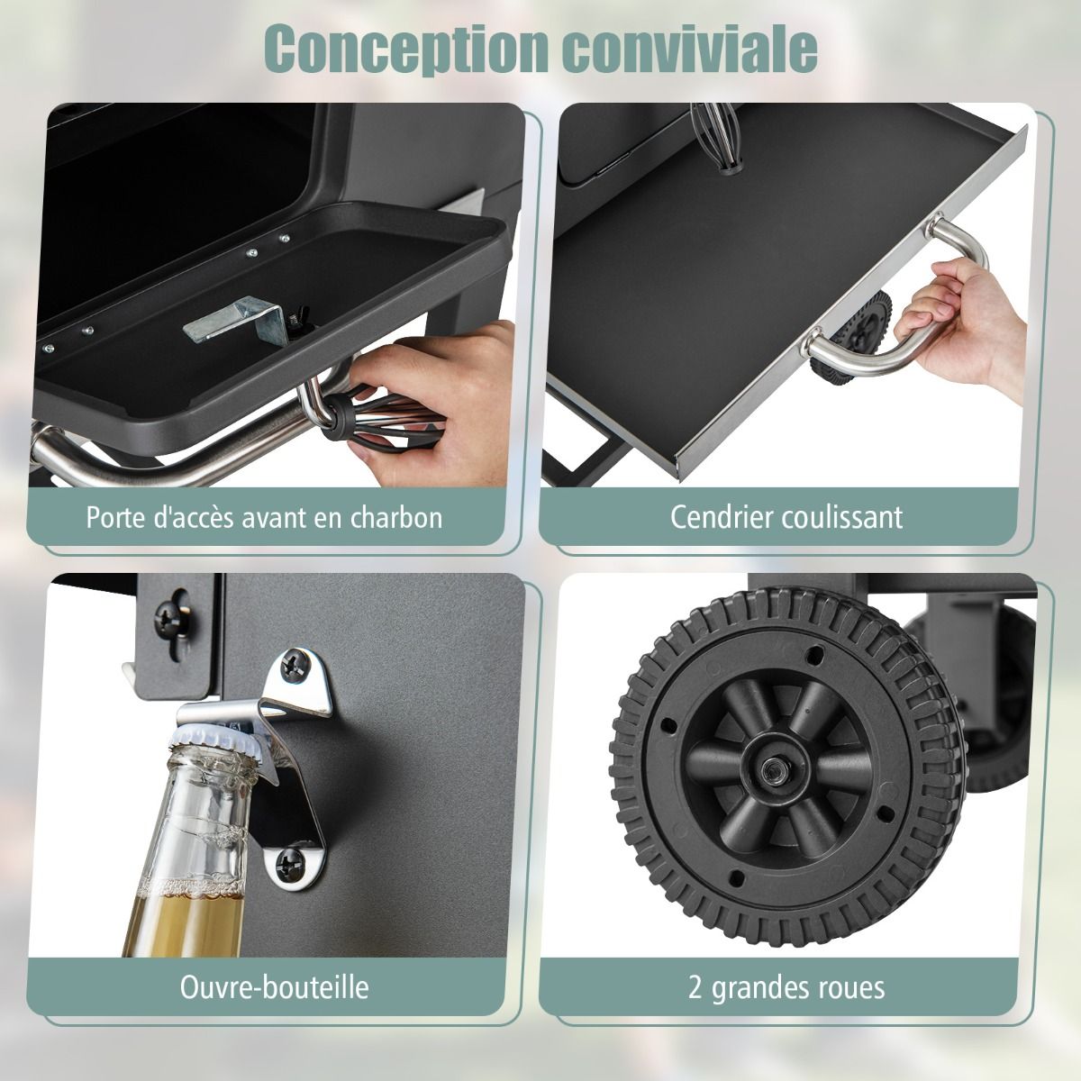 Barbecue à Charbon de Bois Portable avec 2 Tables d'Appoint Noir