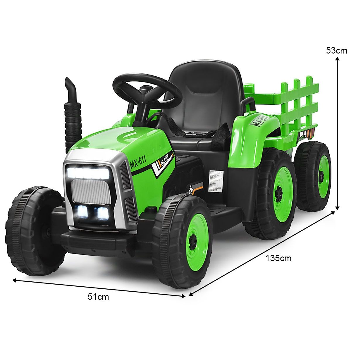 Tracteur Electrique avec Remorque pour Enfants 3 Vitesses Lumières LED Fonctions Audio USB et Bluetooth Jaune/Rose/Rouge/Vert/Vert Foncé/Noir
