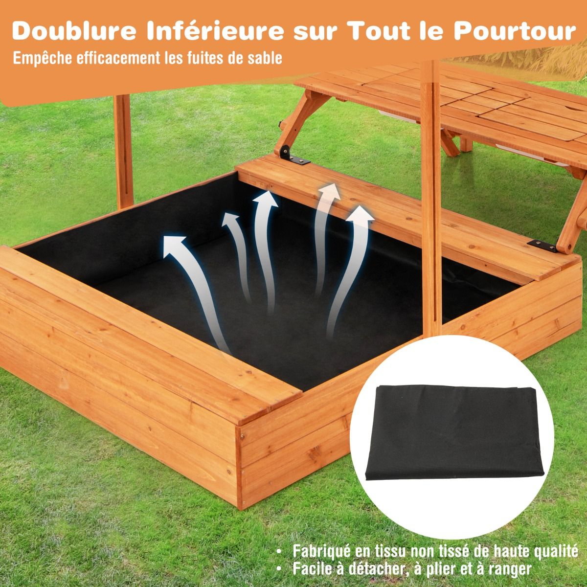 Bac à Sable en Bois pour Enfants avec Couvercle Aire de Jeux avec Table Sensorielle Pliable & Banc Parasol Ajustable pour 3+ Ans Naturel