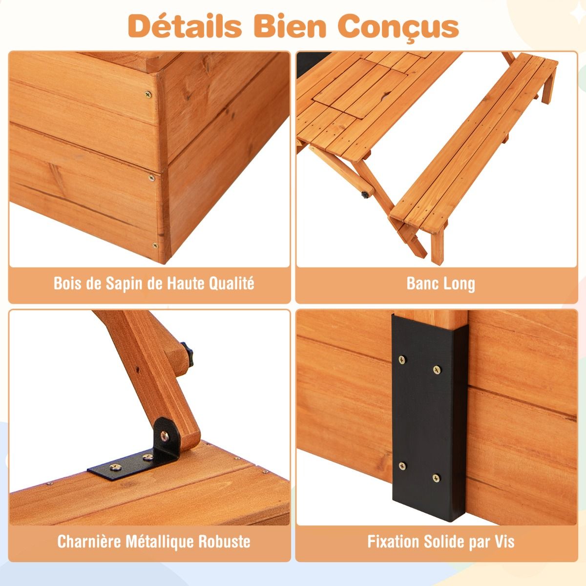 Bac à Sable en Bois pour Enfants avec Couvercle Aire de Jeux avec Table Sensorielle Pliable & Banc Parasol Ajustable pour 3+ Ans Naturel