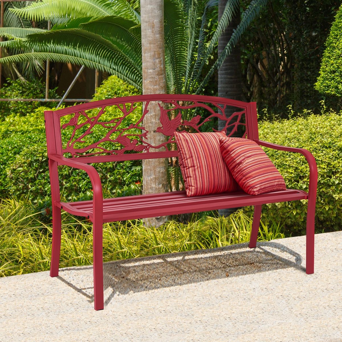 Banc de Jardin en Fer Résistant de Haute Qualité Style Contemporain 2-3 Places Parfait pour Extérieur 127x60x88cm Rouge