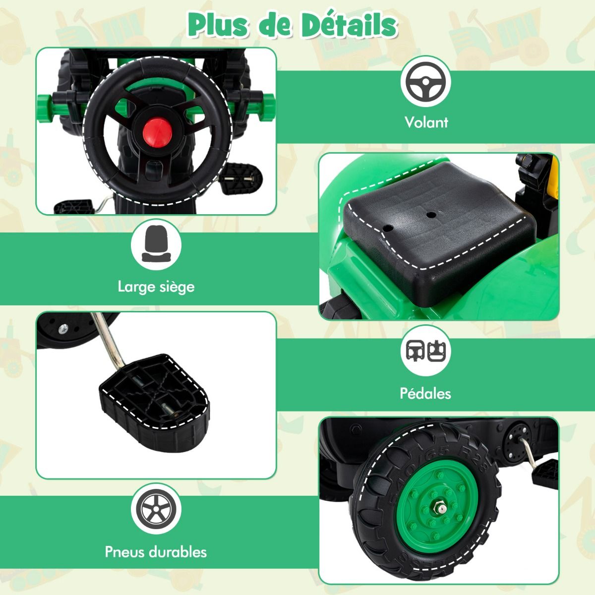 3 en 1 Tracteur pour Enfant avec 6 Roues Jouet Pelle Remorque Amovible avec Volant Klaxon 3 à 6 Ans Jaune/Vert