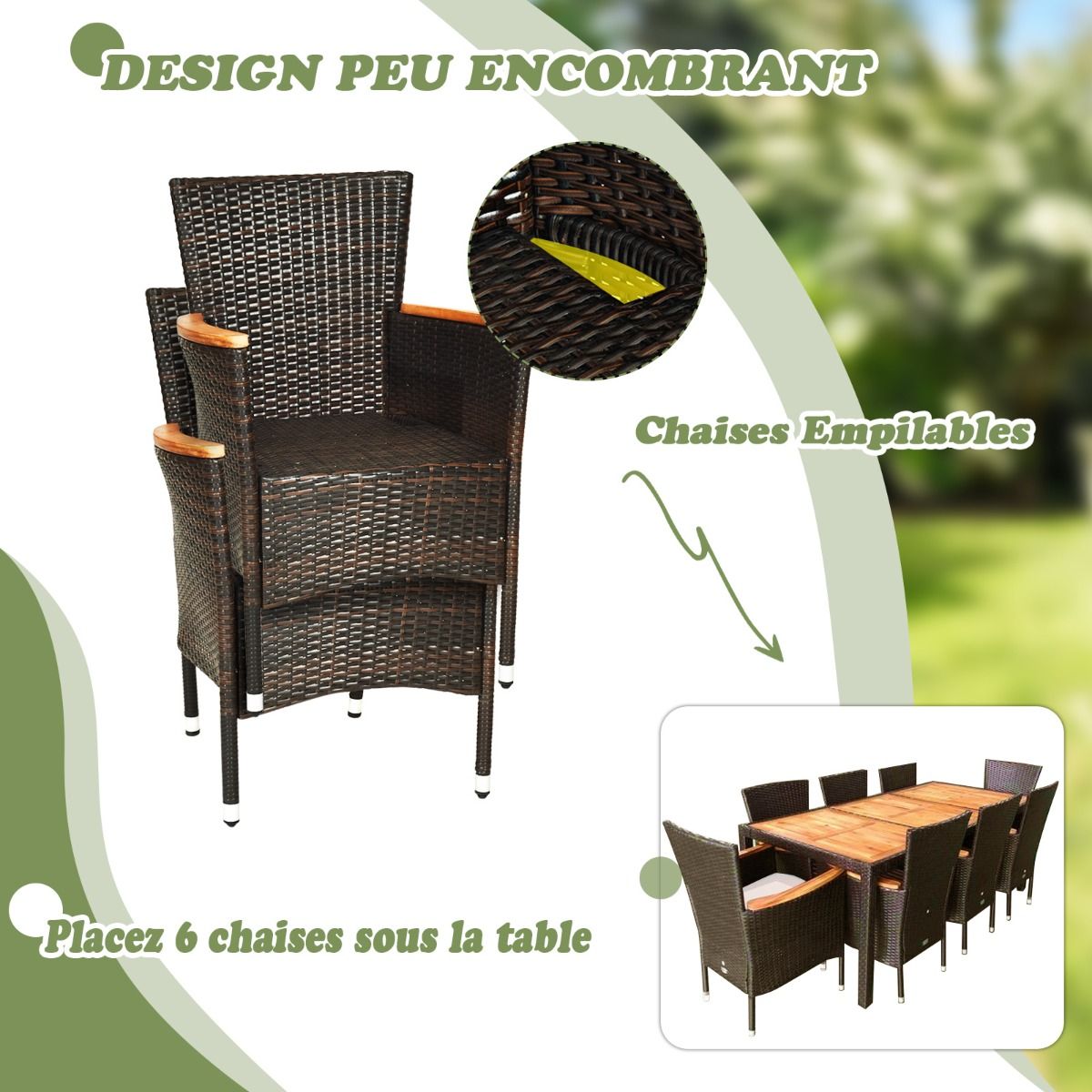 Salon de Jardin en Rotin 9 Pièces pour 8 Personnes Plateau de Table en Acacia Ensemble de Salle à Manger avec Coussins Amovibles Charge 160KG