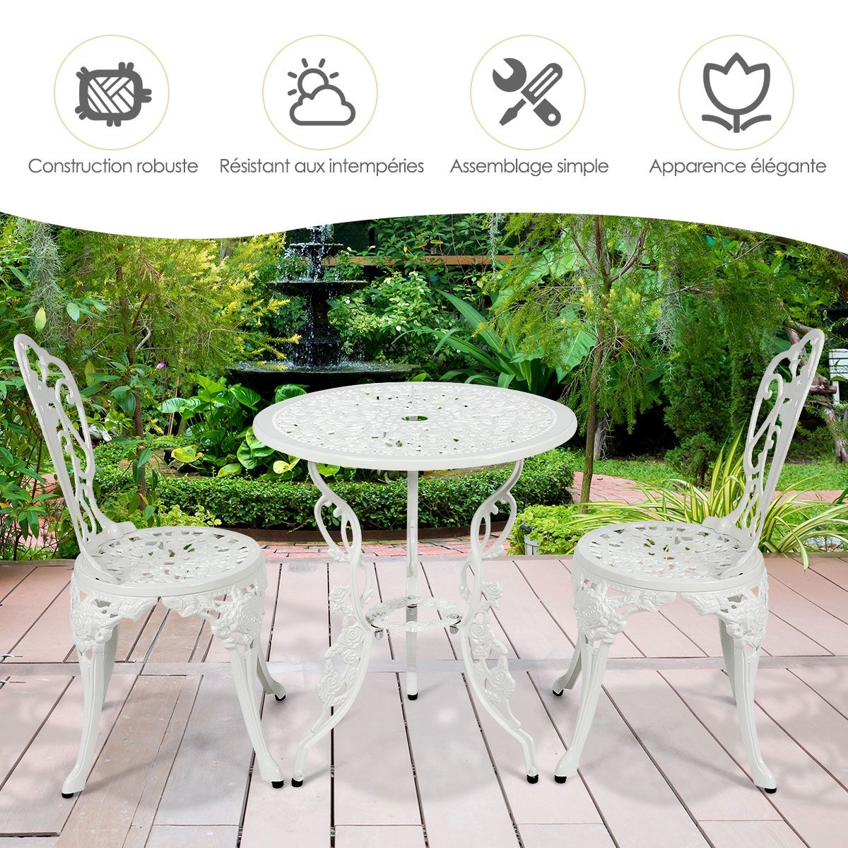 Ensemble Table et 2 Chaises pour Jardin en Aluminium en Forme de Rose Blanc Résistant aux Intempéries