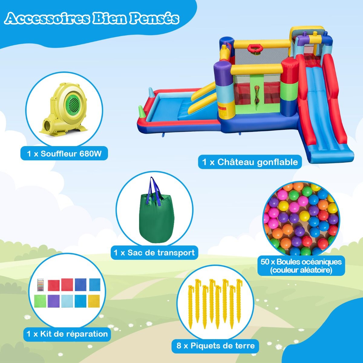 Château Gonflable Maison Rebondissante Gonflable avec Souffleur de 680W Toboggan et Zone de Saut Maison de Jeu Gonflable pour 3 - 10 Ans