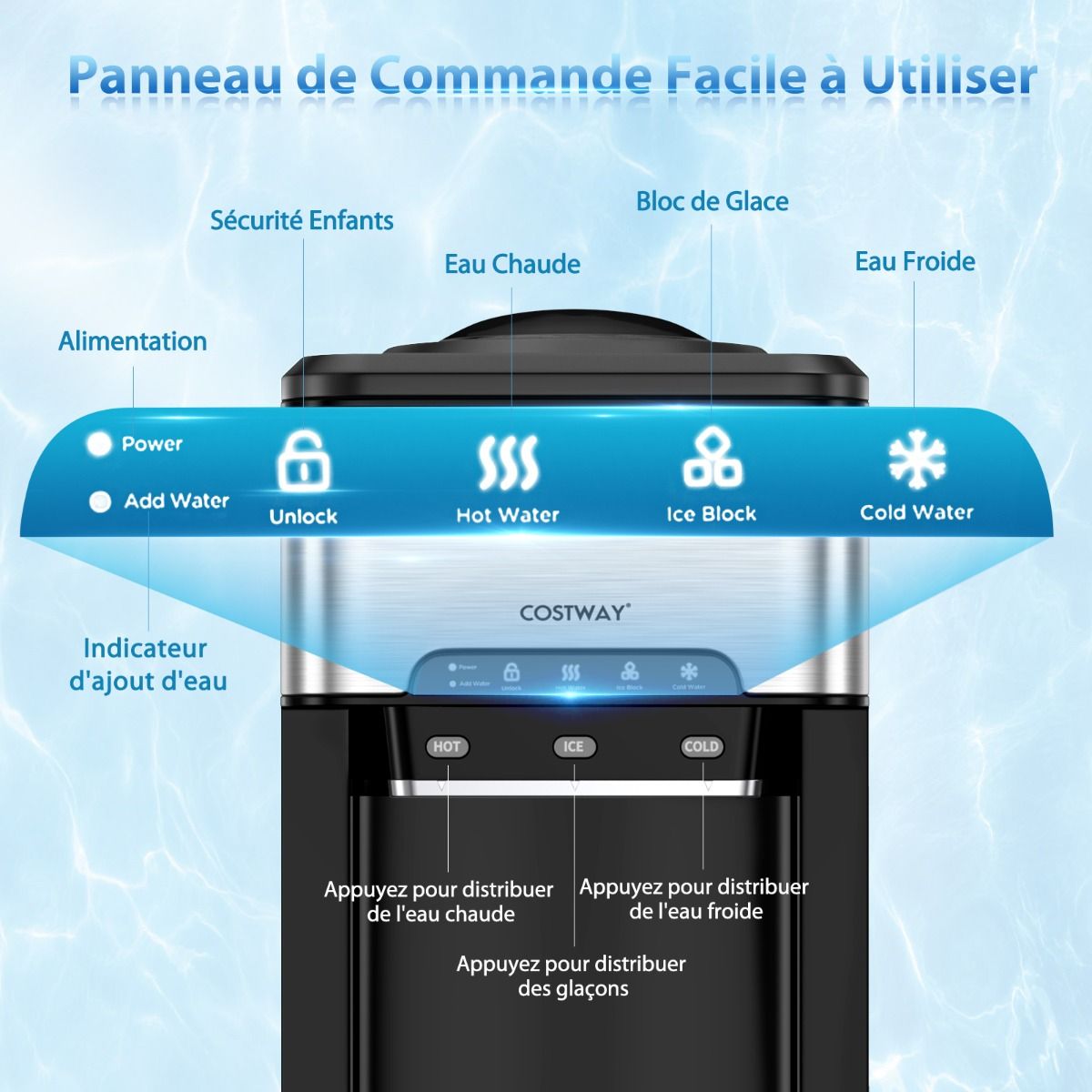 Machine à Glaçons 3 en 1 avec Distributeur d'Eau Froide/Chaude 20 kg en 24h Cube de Glace 6-13 min pour Maison Bureau Bar