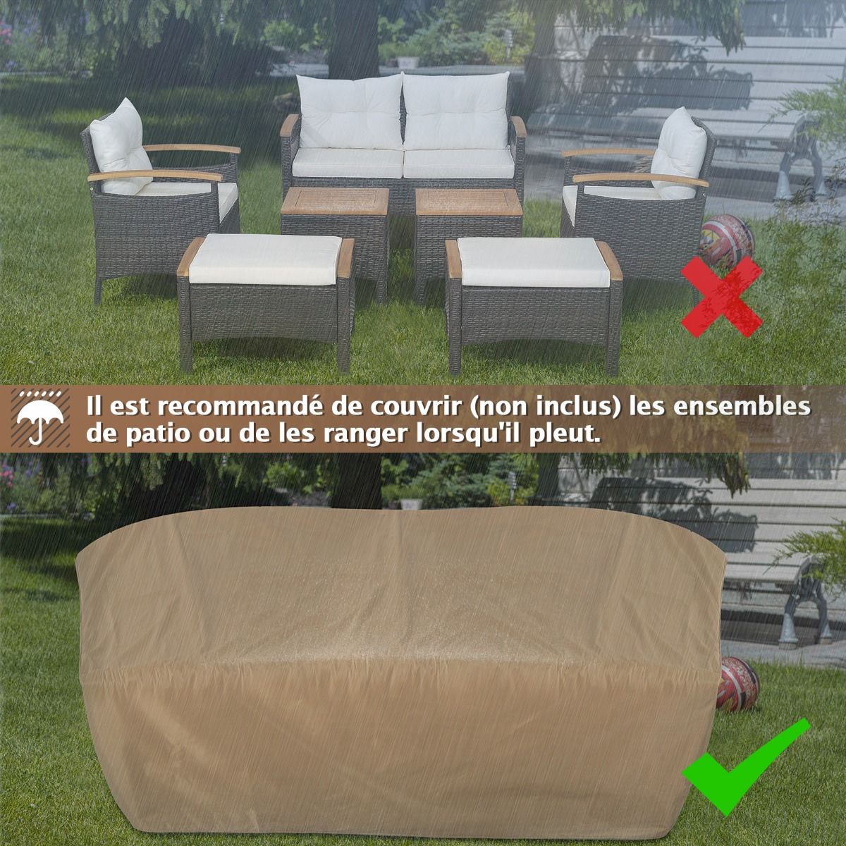 Ensemble de Canapés de Patio en Rotin PE 7 Pièces avec Coussins d'Assise et de Dossier 2 Poufs 2 Tables Basses Plateau de Table