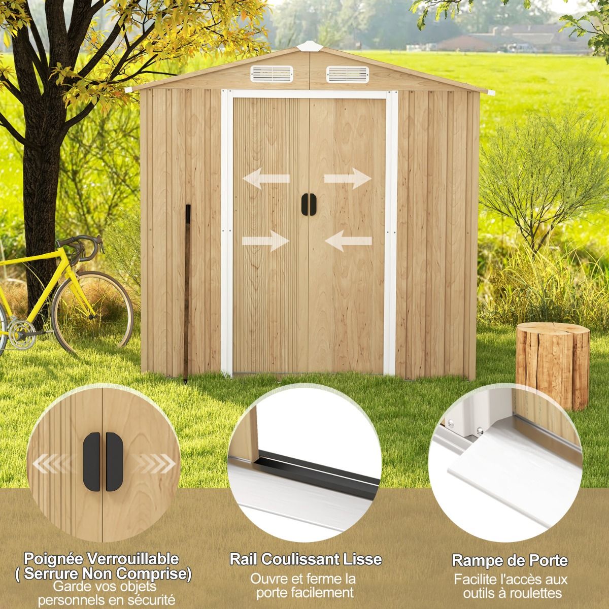 Abri de Jardin 2.3㎡ en Acier Galvanisé Anti-UV 196x142x186cm Cabane de Jardin Exterieur 3.7m³ avec Porte Coulissante Rampe Naturel